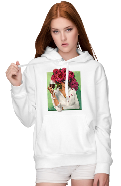 Женское худи с принтом Девушка с пионами и бокалом. Бокал, вино, девушка, лето, очки, пионы, рубашка, цветок. 2070702