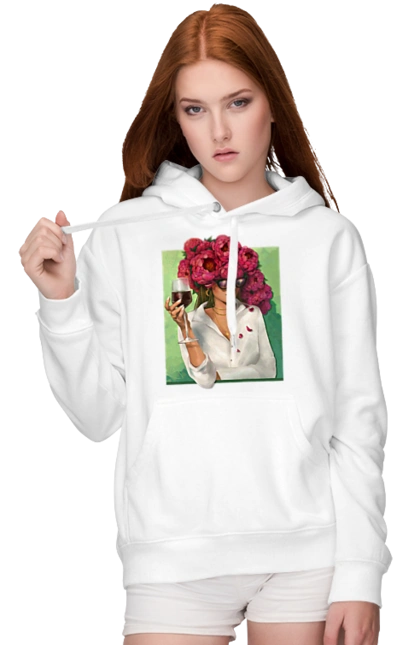 Девушка с пионами и бокалом