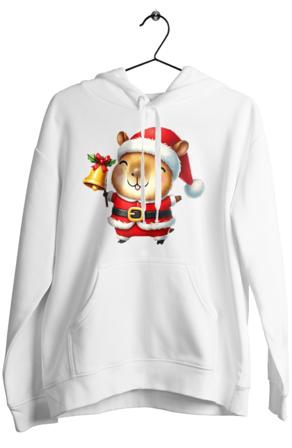 Women's hoodie with prints Funny capybara with a bell. Animal, bell, capybara, christmas, christmas capybara, gift, holiday, new year, new year`s gift, santa. 2070702