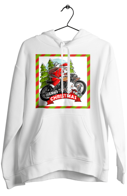 Жіноче худі з принтом "Санта на мотоциклі". Мотоцикл, новий рік, подарунки, різдво, санта, сніговик, ялинка. 2070702