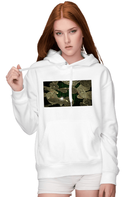 Жіноче худі з принтом "Біткойн". Багатство, біткойн, валюта, гроші, криптовалюта, курс, майнінг, матриця, монета, розкіш, цифровий світ. 2070702