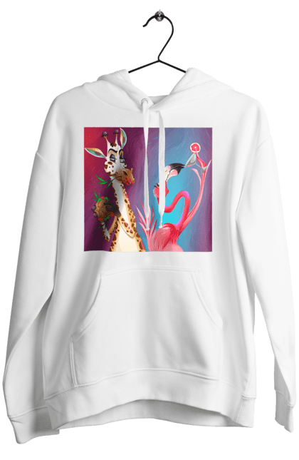 Women`s hoodie with prints Giraffe And Flamingo At The Party. Cocktail, flamingo, food, giraffe. 2070702
