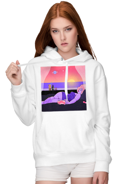 Women`s hoodie with prints Purple Girl On Vacation. Girl, sunset, telephone. 2070702