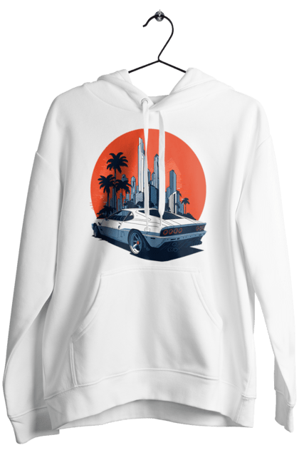 Жіноче худі з принтом "Авто". Гонка, захід сонця, спортивний автомобіль, швидкість. 2070702