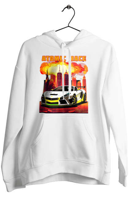 Women`s hoodie with prints Atomic race. Atomic race, automobile, car, race, racing cars, sport car, sports car. 2070702
