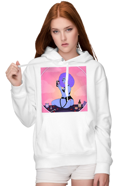 Women`s hoodie with prints Purple Girl Photo In The Mirror. Mirror, whiteness. 2070702
