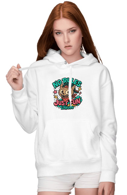 Жіноче худі з принтом "Лабубу". Norulesjustfun, y2k, бандана, вуличний стиль, грайливий, графіті, зухвалий, лабубу, ретромультяшка, яскраво. 2070702