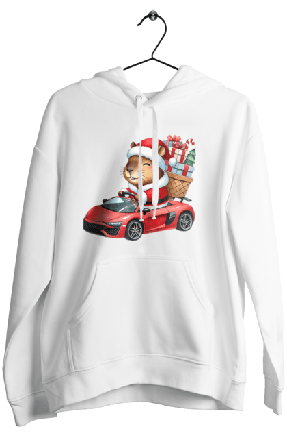 Women's hoodie with prints Christmas Capybara with a Gift. Animal, capybara, car, christmas, christmas capybara, gift, holiday, new year, new year`s gift, santa. 2070702