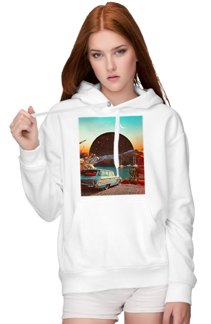 Жіноче худі з принтом "Картина, машина біля річки". Картина, машина, планета, прикол, ретро, річка. 2070702