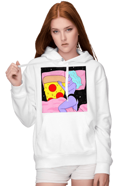 Жіноче худі з принтом "Фіолетова Дівчина І Піца". Дівчина, ліжко, піца. 2070702