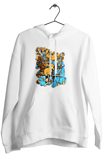 Жіноче худі з принтом "Жовті квіти на синьому фоні". Арт, жовтий та синій, жовті квіти, жовто-синій, квіти, малюнок, природа, синій та жовтий, синьо-жовтий. 2070702