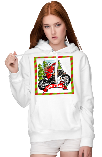 Жіноче худі з принтом "Санта на мотоциклі". Мотоцикл, новий рік, подарунки, різдво, санта, сніговик, ялинка. 2070702