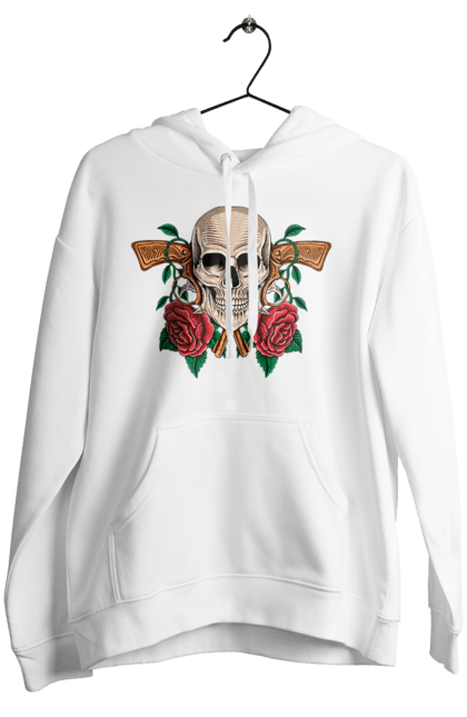 Women's hoodie with prints Skull with roses. Bones, eyes, flowers, gun, leaves, rose flower, scull, spikes, teeth. 2070702