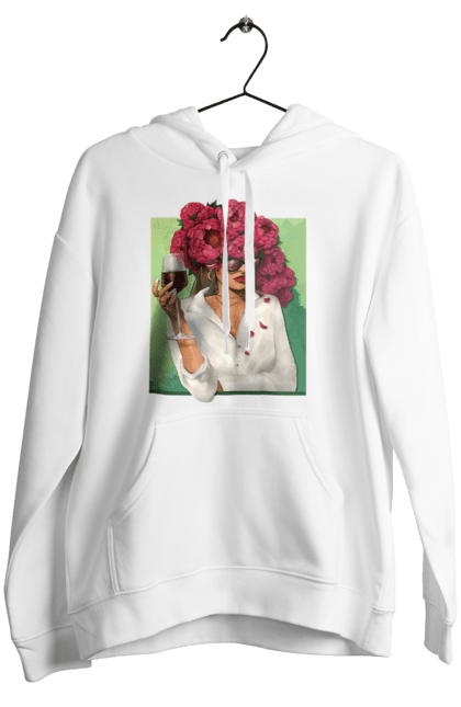 Женское худи с принтом Девушка с пионами и бокалом. Бокал, вино, девушка, лето, очки, пионы, рубашка, цветок. 2070702