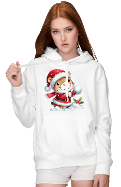 Women's hoodie with prints Capybara playing snowballs. Animal, capybara, christmas, christmas capybara, game, gift, holiday, new year, santa, snowballs. 2070702