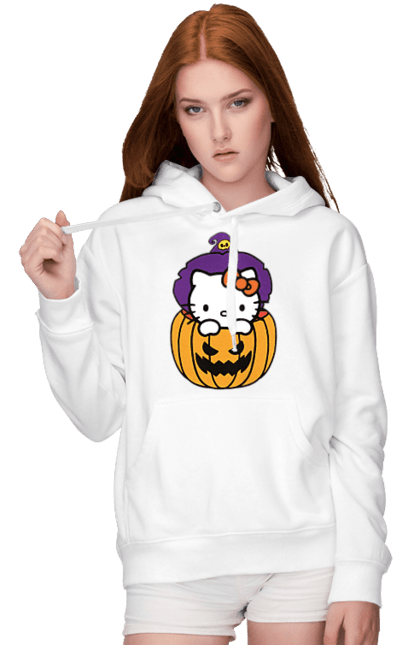 Женское худи с принтом Хелло Китти Хэллоуин. Halloween, hello kitty, witch, бренд, ведьма, кот, котенок, персонаж, хелло китти, хэллоуин. 2070702