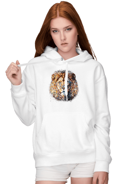 Жіноче худі з принтом "Лев кольоровий". Арт, кіт, лев, мозаїка, тварина. CustomPrint.market