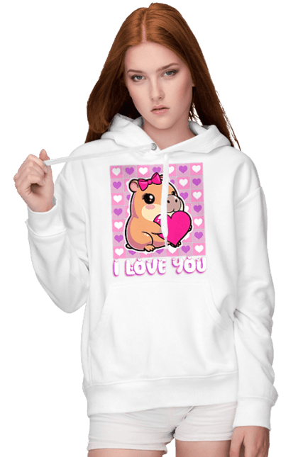 Жіноче худі з принтом "Закохана капібара". I love you, валентинка, день святого валентина, капибара, кохання, милі тварини, пара капібар, романтика, романтичний подарунок, серця. 2070702