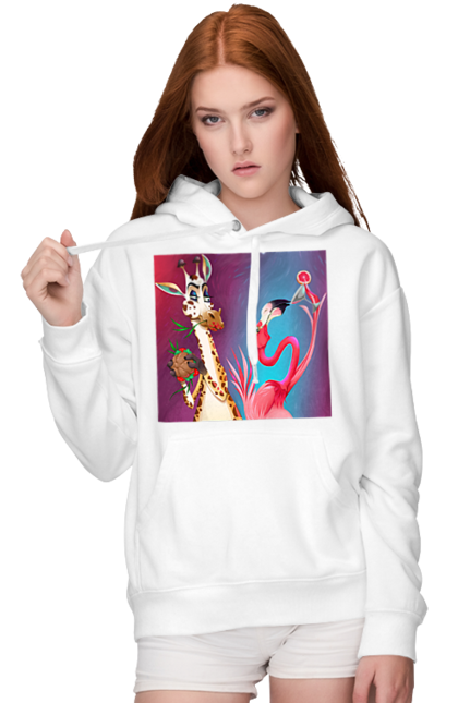 Women`s hoodie with prints Giraffe And Flamingo At The Party. Cocktail, flamingo, food, giraffe. 2070702
