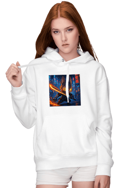 Жіноче худі з принтом "Лабубу". Аніместиль, дія, катана, кіберніндзя, кіберпанк, лабубу, меч, неонове місто, очі` що світяться. 2070702