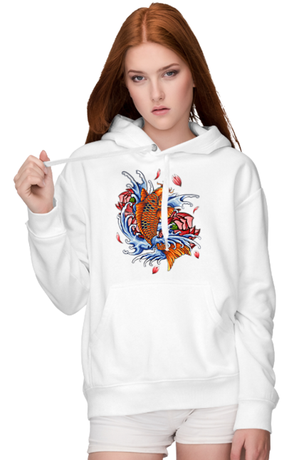 Women`s hoodie with prints Fish and waves. Fish, flower, wave. 2070702