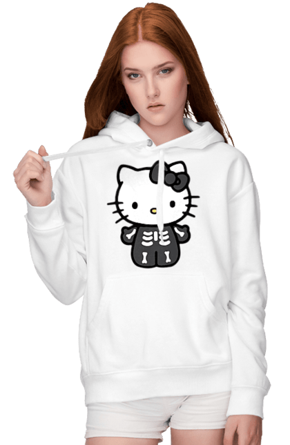 Женское худи с принтом Хелло Китти Хэллоуин. Halloween, hello kitty, zombie, бренд, зомби, котенок, персонаж, скелет, хелло китти, хэллоуин. 2070702