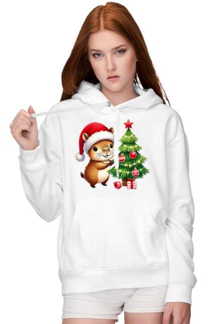 Women's hoodie with prints Christmas Capybara with a Tree. Animal, capybara, christmas, christmas capybara, christmas tree, gift, holiday, new year, new year`s gift, santa. 2070702