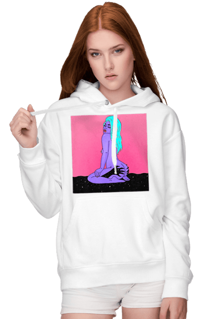 Women`s hoodie with prints Purple Girl In Hands. Alien, girl, sits. 2070702