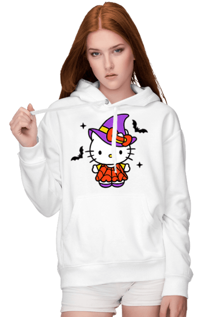 Women's hoodie with prints Hello Kitty Halloween. Brand, cat, character, halloween, hello kitty, kitten, kitty, witch. 2070702