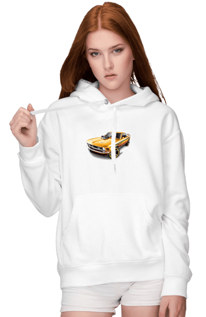 Women`s hoodie with prints Ford mustang. An american legend, cult car, ford mustang, mustang, powerful car, shelby, yellow mustang. 2070702