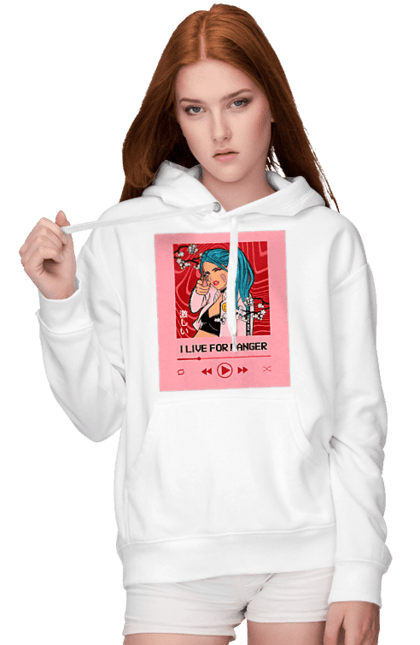 Women`s hoodie with prints I Live For Danger. Anime, music, pistol, turntable. 2070702