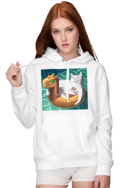 Women`s hoodie with prints White cat in a swimming circle on vacation. Basin, cat, cocktail, sea, swimming circle, vacation. 2070702