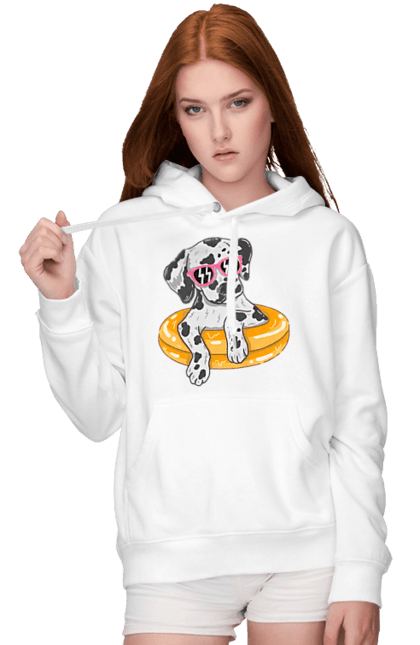 Women`s hoodie with prints Dalmatian Swims In A Circle. Dalmatian, dog, glasses, to swim. 2070702