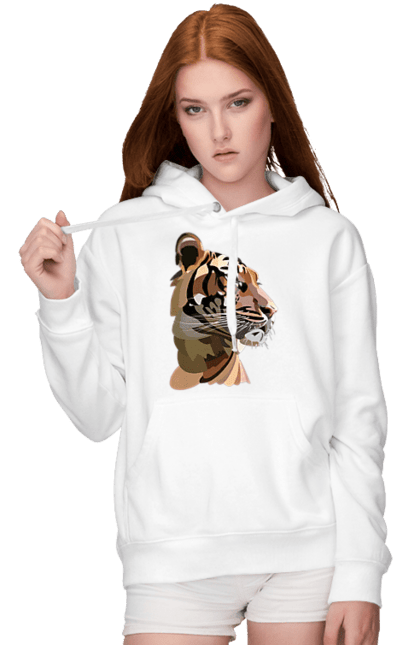 Жіноче худі з принтом "Профіль тигра". Велика кішка, великий кіт, дика природа, дикий, звір, погляд, портрет, природа, профіль, стилізація, тварина, тигр, хижак. ART принт на футболках