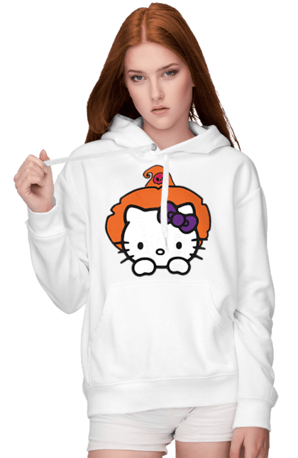 Женское худи с принтом Хелло Китти Хэллоуин. Halloween, hello kitty, witch, бренд, ведьма, кот, котенок, персонаж, хелло китти, хэллоуин. 2070702