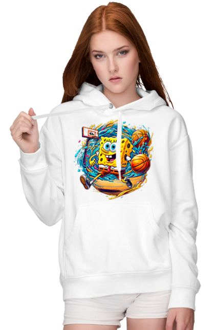 Women's hoodie with prints SpongeBob. Animated series, ball, basketball, cartoon, spongebob, spongebob squarepants, sport. 2070702