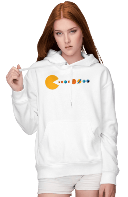 Жіноче худі з принтом "Pac Man Planets". Atari, namco, pac man, аркадна відеогра, відеогра, комп`ютерна гра, космос, лабіринт, планети, сонячна система. 2070702