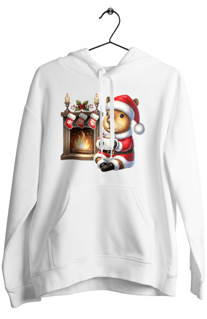 Women's hoodie with prints Capybara by the fireplace with hot chocolate. Animal, capybara, christmas, christmas capybara, fireplace, gift, holiday, hot chocolate, new year, santa. 2070702