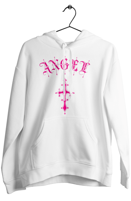 Жіноче худі з принтом "Логотип Ангел". Готичний стиль, готичний шрифт, логотип, рожевий, хрест, хрестик, янгол. 2070702