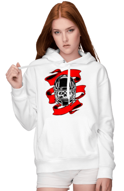 Women`s hoodie with prints Skull in a motorcycle helmet. Helmet, moto, skull, tape. 2070702