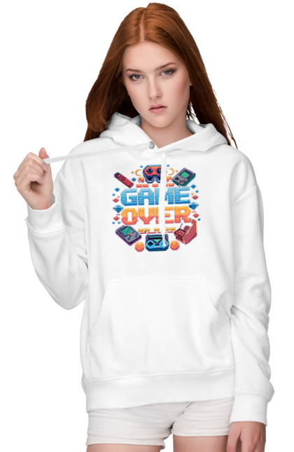 Women`s hoodie with prints Game Over. 90s, for gamers, game, gamer, pixel, pixel art, video game. 2070702