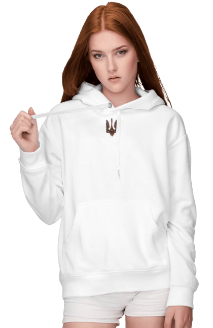 Women`s hoodie with prints Vyshyvanka coat of arms. Actual, emblem, embroidered shirt, symbolics, ukrainian, unusual, war. 2070702