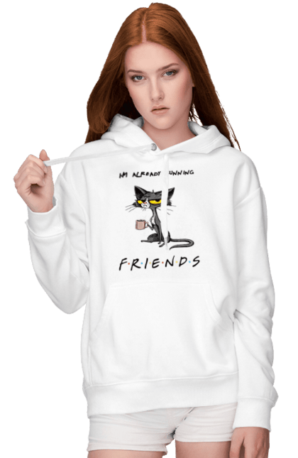 Жіноче худі з принтом "Друзі, вже біжу". Вже біжу, відвали, друзі, йди нахуй, кіт з чашкою, не вчіть жити, пародія серіал, сам собі друг, самотність сука, серіал кіт. 2070702