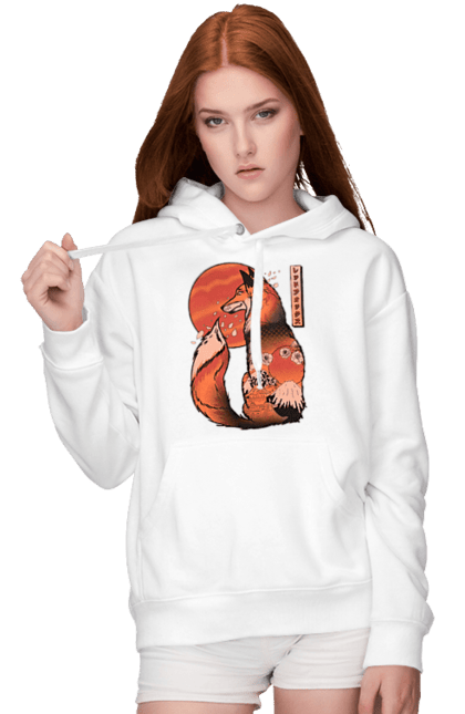 Women's hoodie with prints Kitsune. Animal, cherry blossoms, flowers, fox, great wave, japan, japanese, kitsune, mount fuji, red fox. 2070702