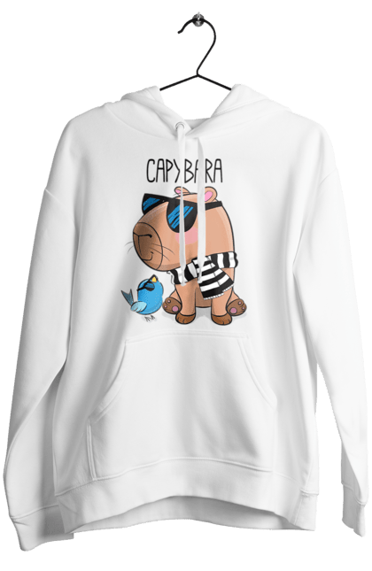 Жіноче худі з принтом "Стильна капібара". Капібара, модна капібара, настрій, окуляри, птах, сонячні окуляри, стильна капібара, тварина, шарф у смужку. 2070702