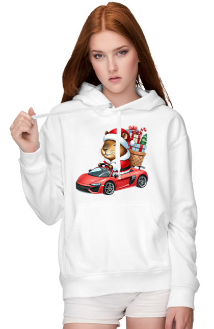 Women's hoodie with prints Christmas Capybara with a Gift. Animal, capybara, car, christmas, christmas capybara, gift, holiday, new year, new year`s gift, santa. 2070702