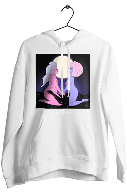 Women`s hoodie with prints Two Aliens And The Moon. Aliens, from above, girls. 2070702