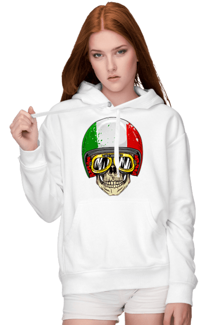 Жіноче худі з принтом "Череп в мотошоломі". Мото, окуляри, череп, шолом. 2070702