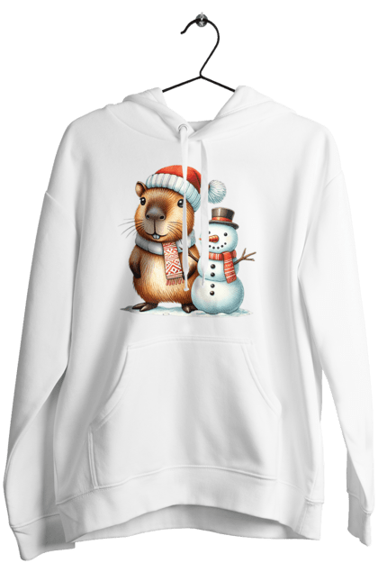 Women's hoodie with prints Capybara and Snowman. Animal, capybara, christmas, christmas capybara, gift, holiday, new year, new year`s gift, santa, snowman. 2070702