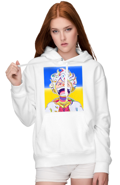 Женское худи с принтом Монки д Луффи смеется на желтом синем фоне.. Ван пис, луффи, монки д. луффи, символ украины, украина, флаг украины. 2070702